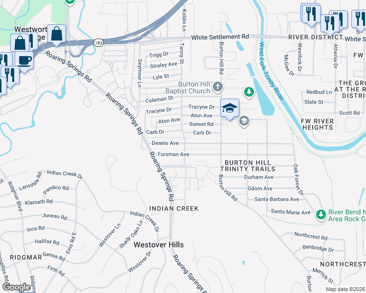 map of restaurants, bars, coffee shops, grocery stores, and more near 5800 Dennis Avenue in Fort Worth