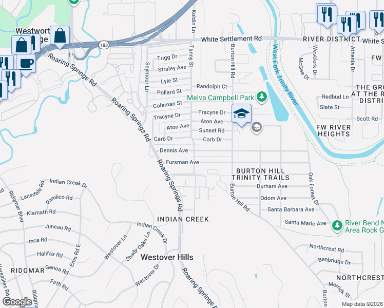 map of restaurants, bars, coffee shops, grocery stores, and more near 5800 Dennis Avenue in Fort Worth