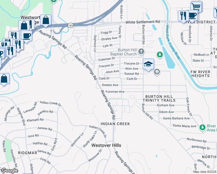 map of restaurants, bars, coffee shops, grocery stores, and more near 5832 Dennis Avenue in Fort Worth