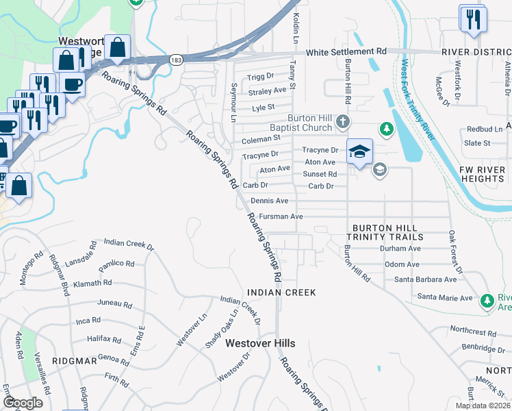 map of restaurants, bars, coffee shops, grocery stores, and more near 5860 Dennis Avenue in Fort Worth