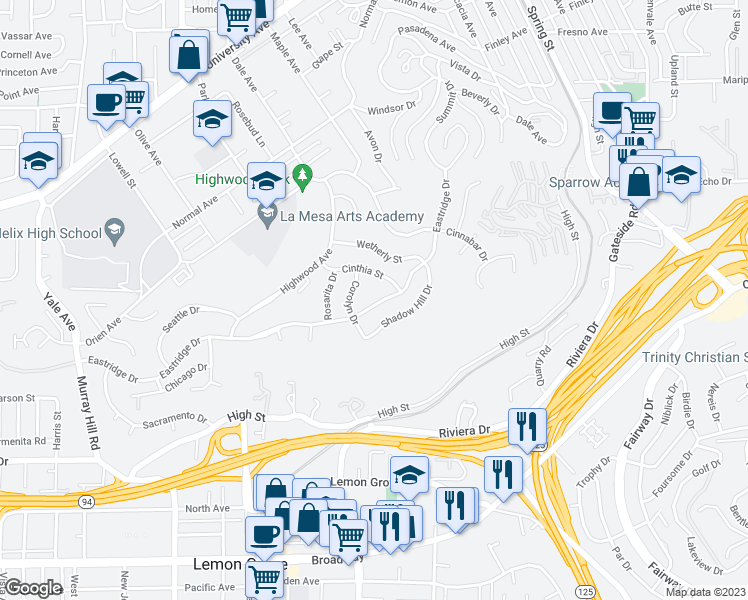 map of restaurants, bars, coffee shops, grocery stores, and more near 7960 Eastridge Drive in La Mesa