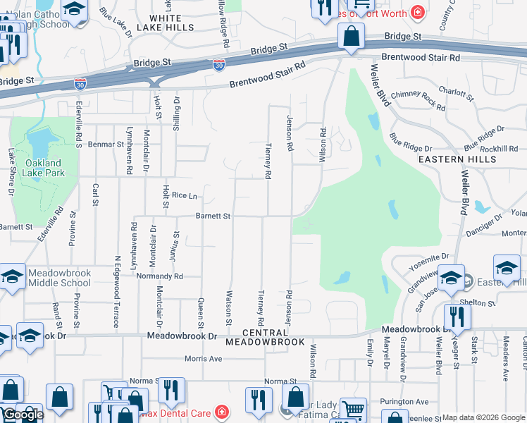 map of restaurants, bars, coffee shops, grocery stores, and more near 5025 Barnett Street in Fort Worth