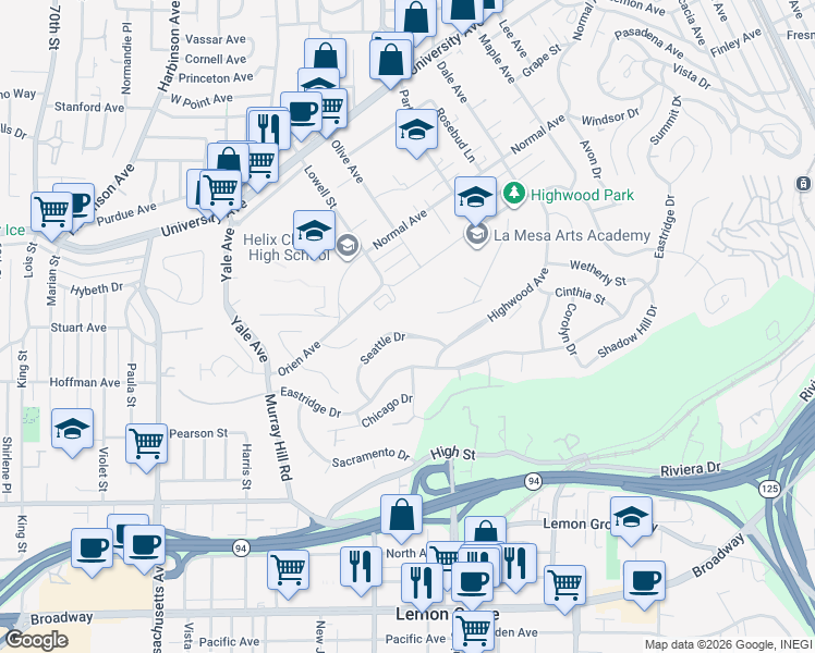 map of restaurants, bars, coffee shops, grocery stores, and more near 7660 Seattle Drive in La Mesa