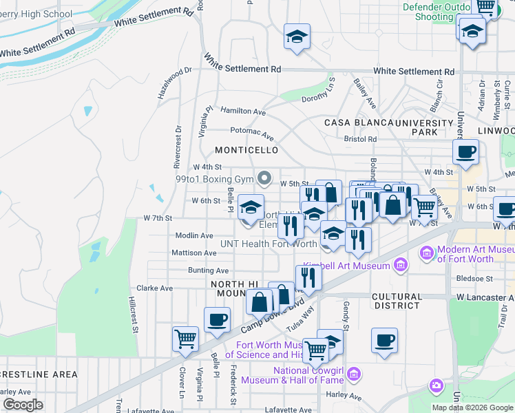 map of restaurants, bars, coffee shops, grocery stores, and more near 3790 West 6th Street in Fort Worth