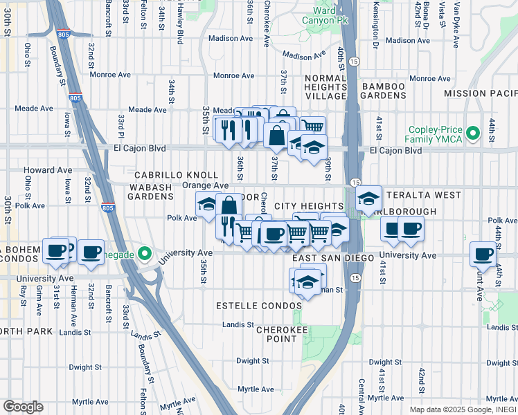 map of restaurants, bars, coffee shops, grocery stores, and more near Cherokee Avenue in San Diego