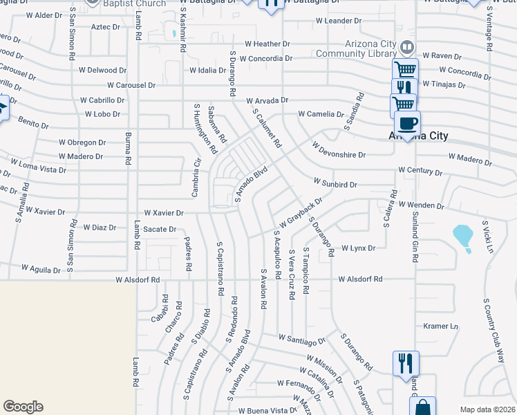 map of restaurants, bars, coffee shops, grocery stores, and more near 14015 South Avalon Road in Arizona City
