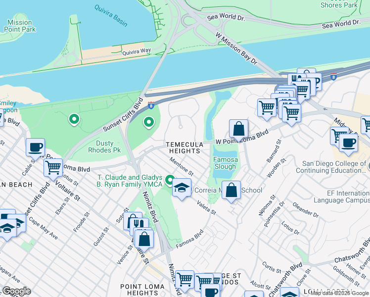 map of restaurants, bars, coffee shops, grocery stores, and more near 4314 West Point Loma Boulevard in San Diego