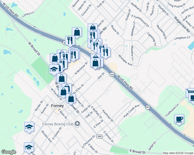 map of restaurants, bars, coffee shops, grocery stores, and more near 902 Elm Street in Forney