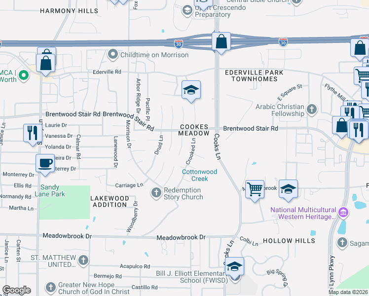 map of restaurants, bars, coffee shops, grocery stores, and more near 1817 Christy Court in Fort Worth