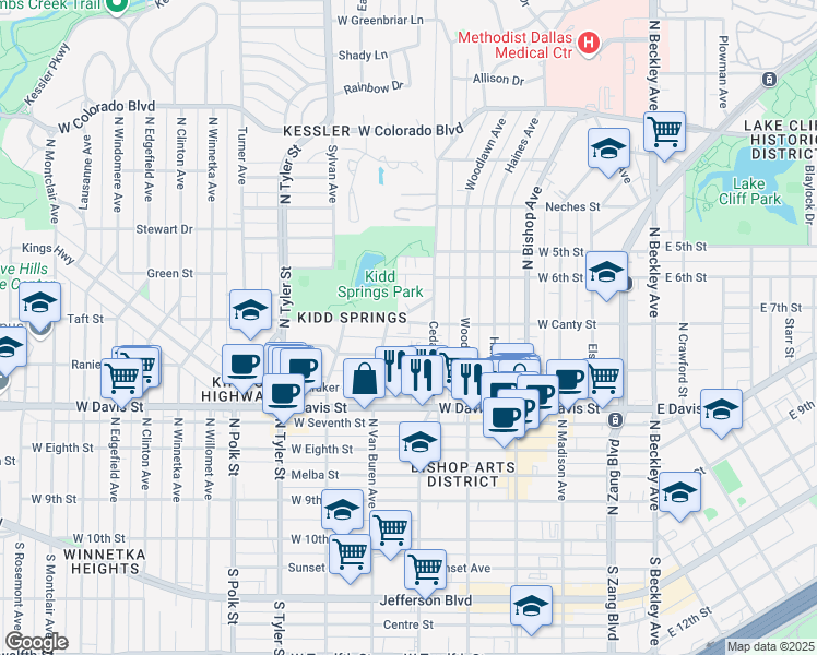 map of restaurants, bars, coffee shops, grocery stores, and more near 630 West Canty Street in Dallas