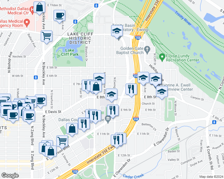 map of restaurants, bars, coffee shops, grocery stores, and more near 321 North Ewing Avenue in Dallas