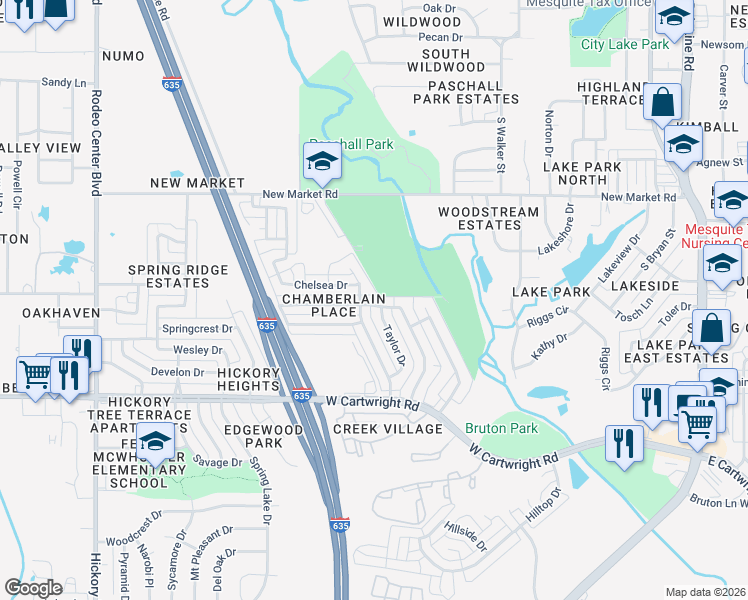 map of restaurants, bars, coffee shops, grocery stores, and more near 827 Kim Lane in Mesquite