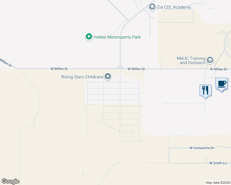 map of restaurants, bars, coffee shops, grocery stores, and more near West Millen Drive in Hobbs