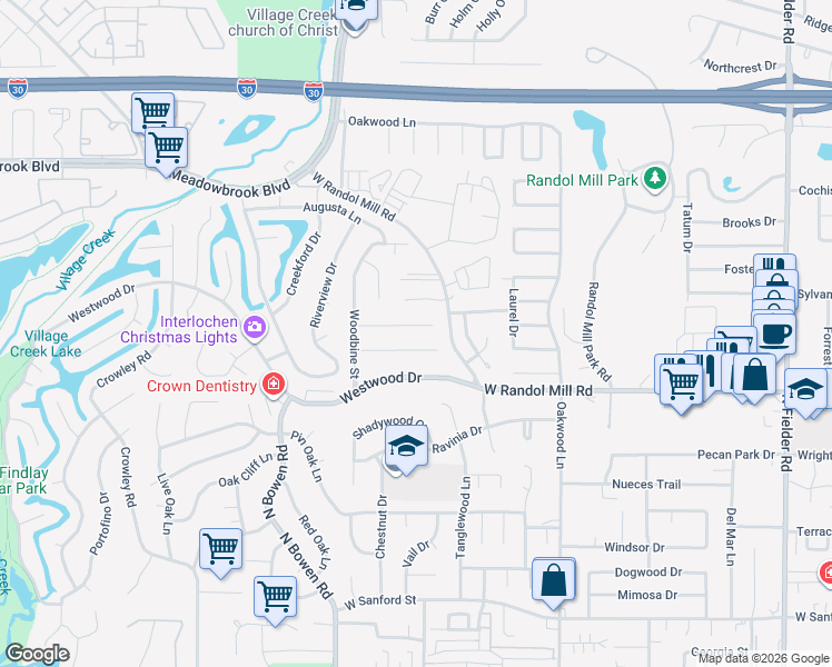 map of restaurants, bars, coffee shops, grocery stores, and more near 2207 Oak Forest Court in Arlington