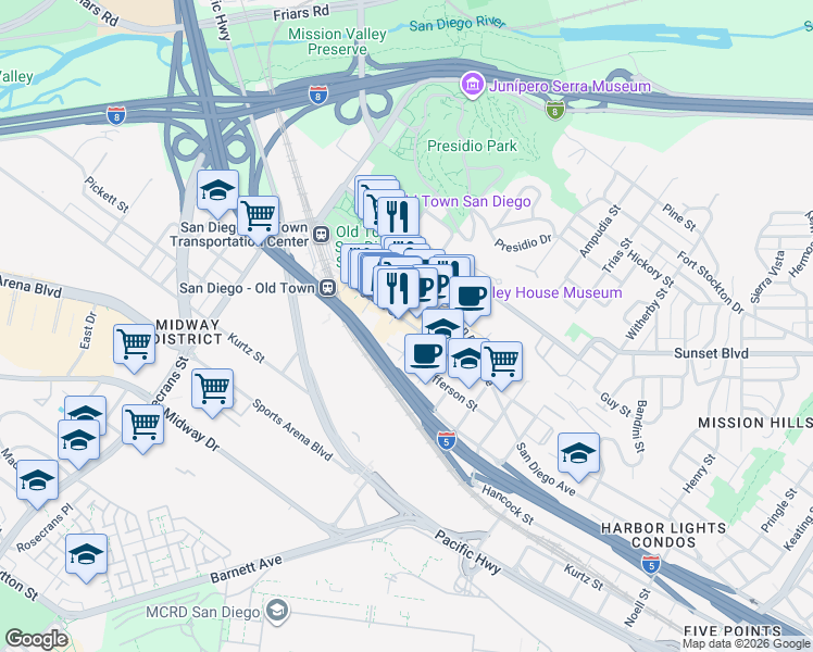 map of restaurants, bars, coffee shops, grocery stores, and more near in San Diego