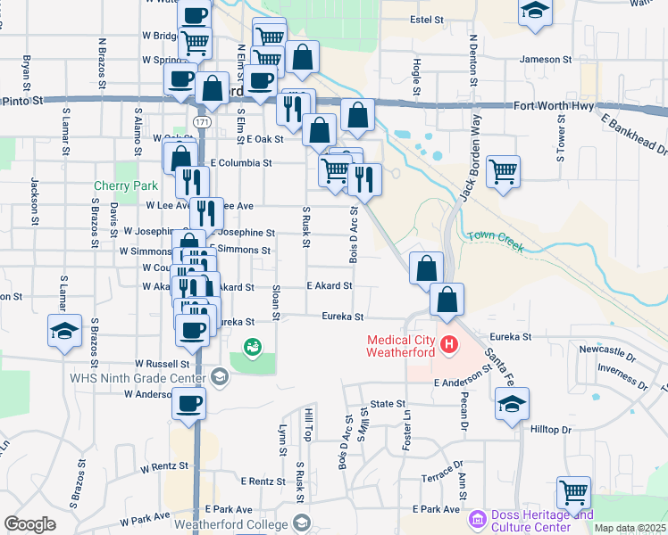 map of restaurants, bars, coffee shops, grocery stores, and more near 416 East Simmons Street in Weatherford