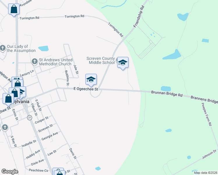 map of restaurants, bars, coffee shops, grocery stores, and more near 713 East Ogeechee Street in Sylvania