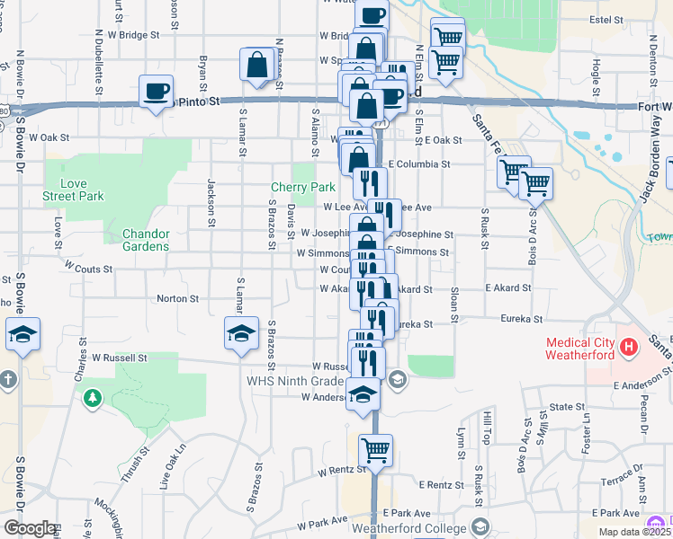 map of restaurants, bars, coffee shops, grocery stores, and more near 208 West Couts Street in Weatherford