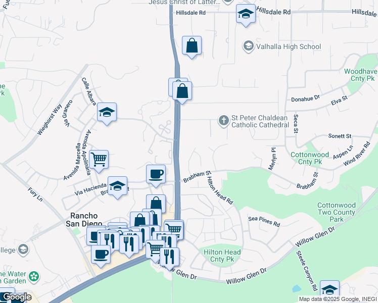 map of restaurants, bars, coffee shops, grocery stores, and more near 2120 Greencrest Drive in El Cajon