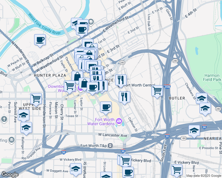 map of restaurants, bars, coffee shops, grocery stores, and more near in Fort Worth
