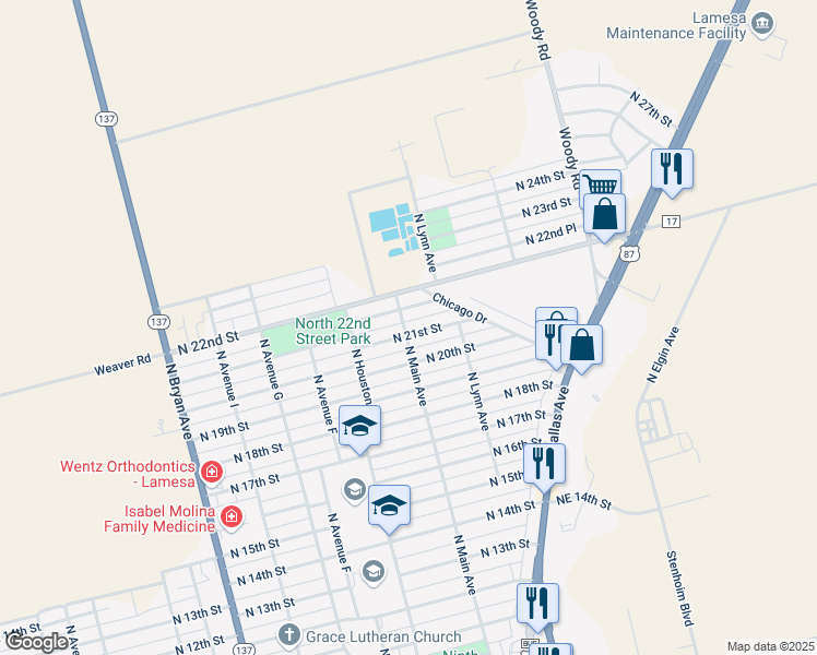 map of restaurants, bars, coffee shops, grocery stores, and more near 401-407 North 21st Place in Lamesa