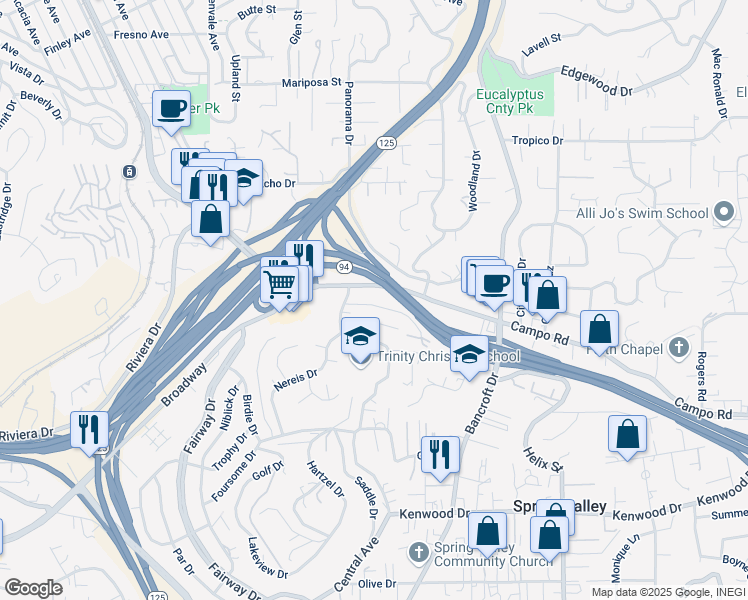 map of restaurants, bars, coffee shops, grocery stores, and more near 8817 Campo Road in Spring Valley
