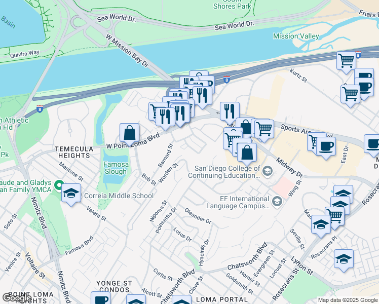 map of restaurants, bars, coffee shops, grocery stores, and more near 3861 Basilone Street in San Diego