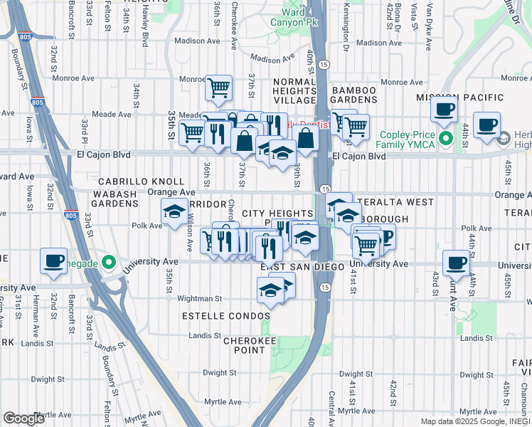 map of restaurants, bars, coffee shops, grocery stores, and more near 4130 38th Street in San Diego