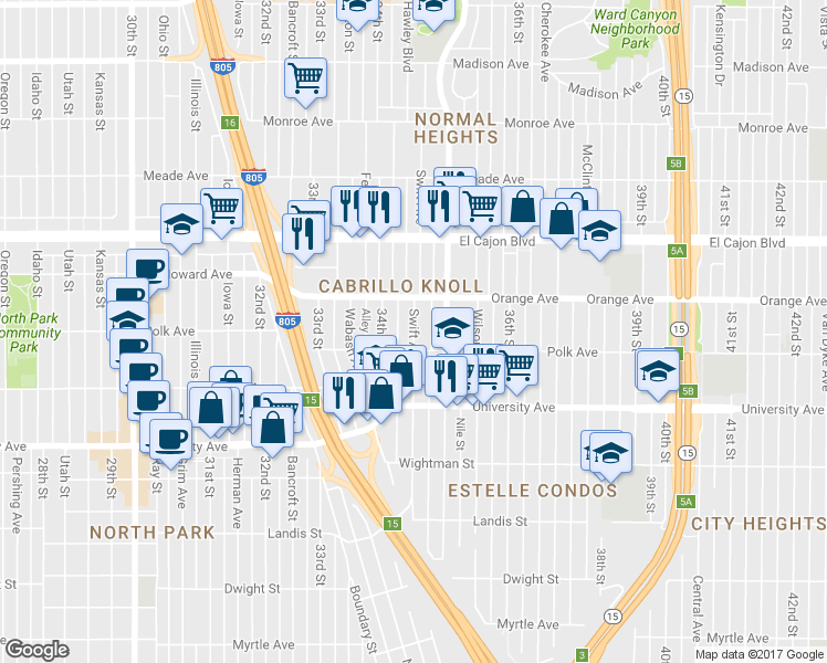 map of restaurants, bars, coffee shops, grocery stores, and more near 4141-47 34th Street in San Diego