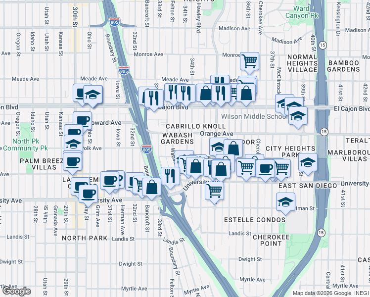 map of restaurants, bars, coffee shops, grocery stores, and more near 4141-47 34th Street in San Diego