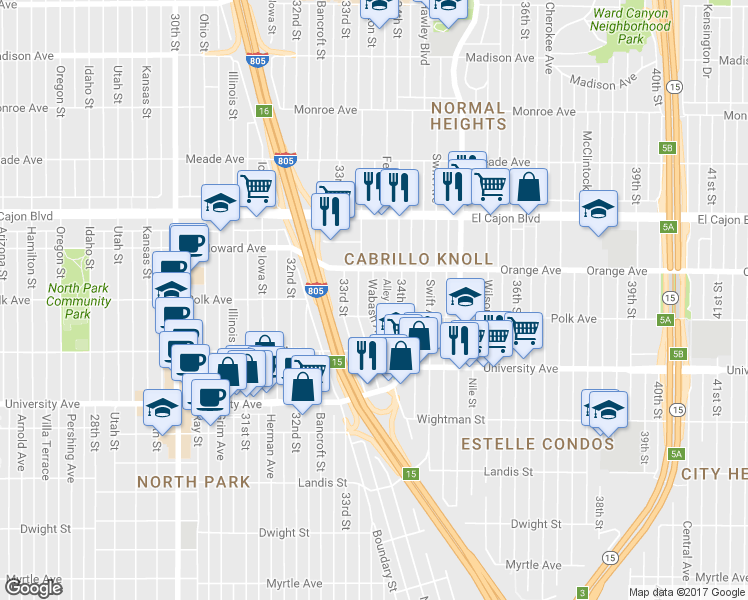 map of restaurants, bars, coffee shops, grocery stores, and more near 4149 Wabash Avenue in San Diego