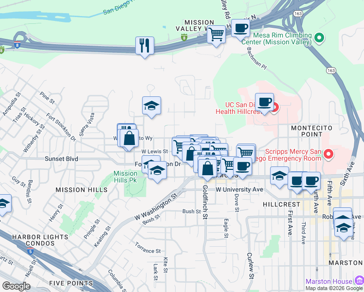 map of restaurants, bars, coffee shops, grocery stores, and more near 4135 Jackdaw Street in San Diego