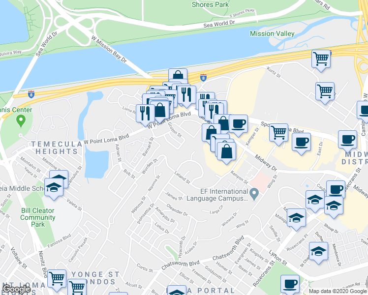 map of restaurants, bars, coffee shops, grocery stores, and more near 3151 Groton Way in San Diego
