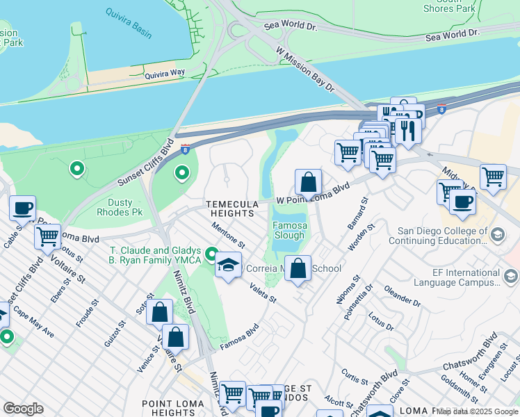 map of restaurants, bars, coffee shops, grocery stores, and more near 4363 West Point Loma Boulevard in San Diego