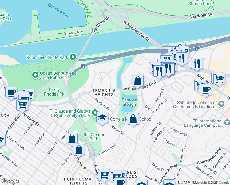 map of restaurants, bars, coffee shops, grocery stores, and more near 4363 West Point Loma Boulevard in San Diego