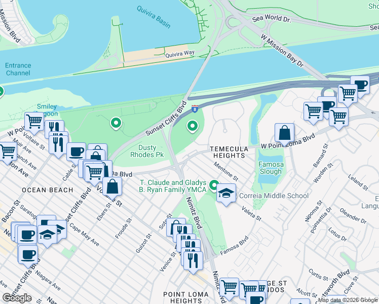 map of restaurants, bars, coffee shops, grocery stores, and more near 4588 West Point Loma Boulevard in San Diego