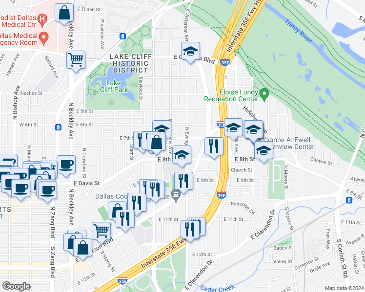 map of restaurants, bars, coffee shops, grocery stores, and more near 722 East 7th Street in Dallas