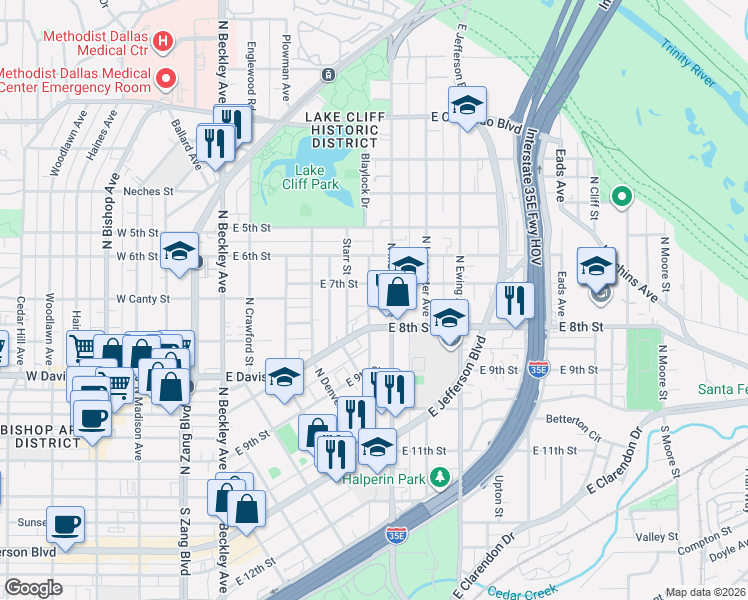 map of restaurants, bars, coffee shops, grocery stores, and more near 335 North Marsalis Avenue in Dallas