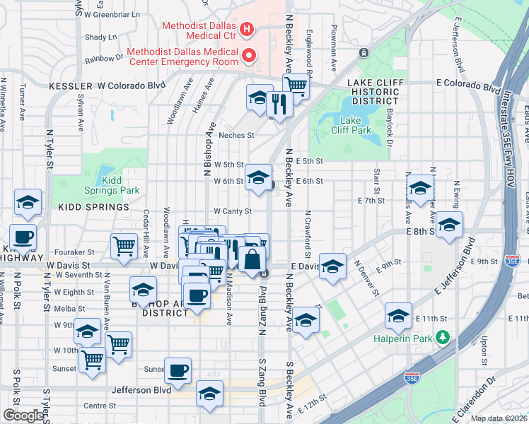 map of restaurants, bars, coffee shops, grocery stores, and more near 801 North Zang Boulevard in Dallas