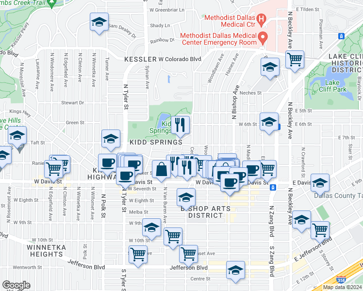 map of restaurants, bars, coffee shops, grocery stores, and more near 627 West Canty Street in Dallas