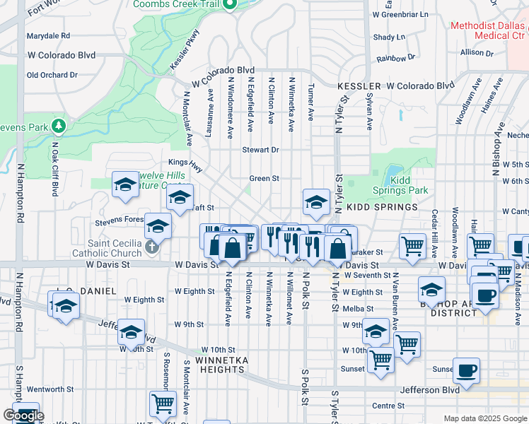 map of restaurants, bars, coffee shops, grocery stores, and more near 814 North Clinton Avenue in Dallas