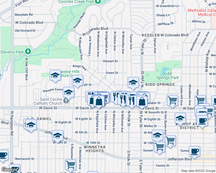 map of restaurants, bars, coffee shops, grocery stores, and more near 1302 Kings Highway in Dallas