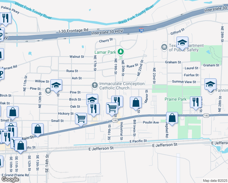 map of restaurants, bars, coffee shops, grocery stores, and more near 523 Northeast 19th Street in Grand Prairie