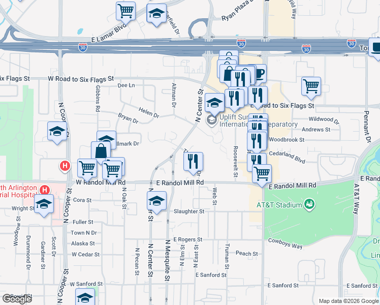 map of restaurants, bars, coffee shops, grocery stores, and more near 1119 Thannisch Drive in Arlington