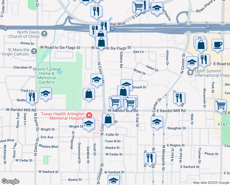 map of restaurants, bars, coffee shops, grocery stores, and more near 414 Hallmark Drive in Arlington