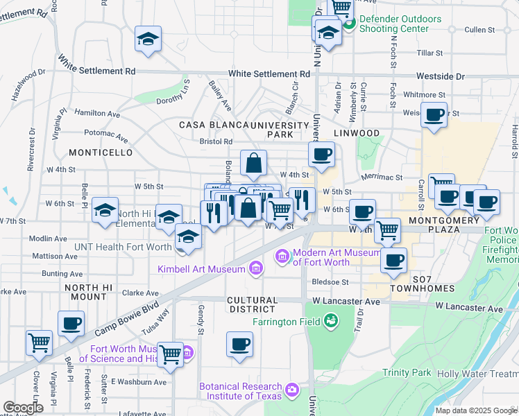 map of restaurants, bars, coffee shops, grocery stores, and more near 616 Arch Adams Street in Fort Worth