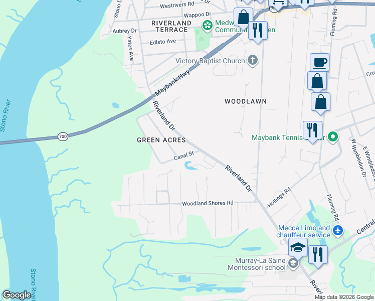 map of restaurants, bars, coffee shops, grocery stores, and more near 479 Riverland Drive in Charleston