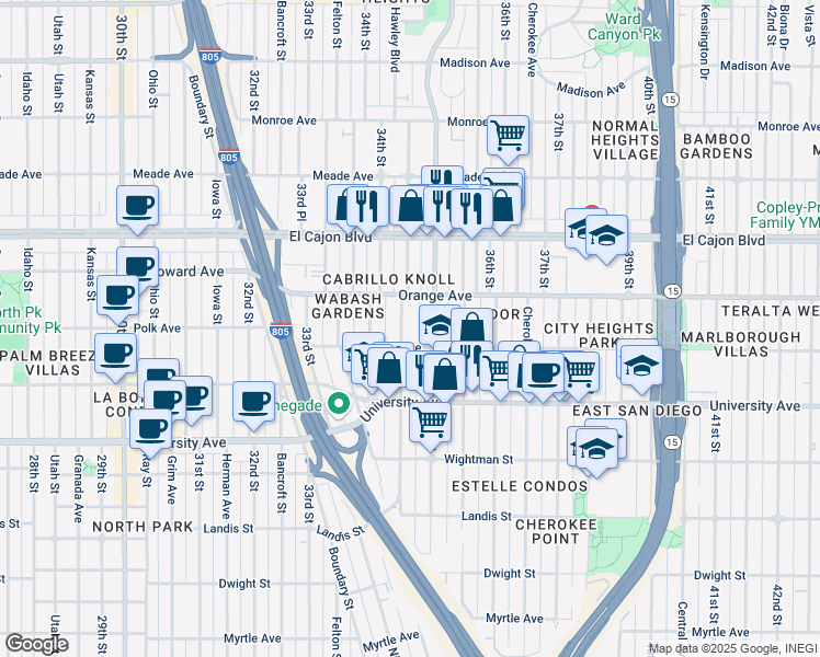 map of restaurants, bars, coffee shops, grocery stores, and more near 4152 35th Street in San Diego