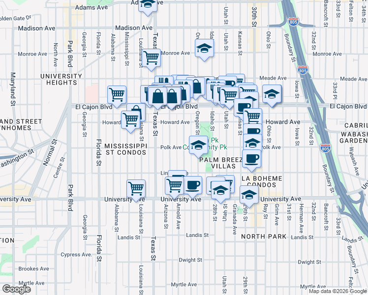 map of restaurants, bars, coffee shops, grocery stores, and more near Polk Ave & Hamilton St in San Diego