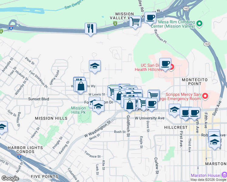 map of restaurants, bars, coffee shops, grocery stores, and more near 4135 Jackdaw Street in San Diego